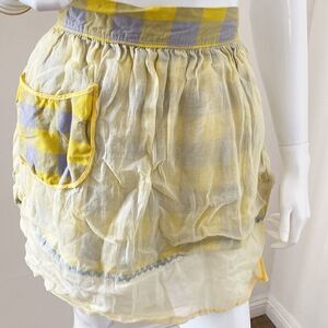 Vintage Apron w Yellow & Blue Plaid & Sheer Layered Fabric & Side Pocket Detail